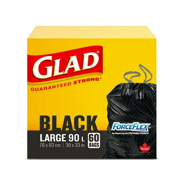 Glad Black Garbage Bags - Large 90 Litres - ForceFlex,, Drawstring, 60 Trash Bags