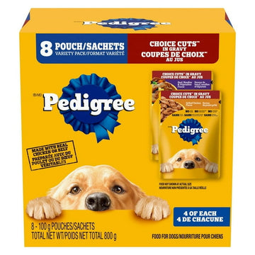 Pedigree Adult Wet Dog Food Choice Cuts in Gravy Beef, Noodles & Vegetable and Grilled Chicken Flavour Pouch Variety Pack, 8x100g