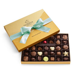 Assorted Chocolate Gold Gift Box, Aqua Ribbon, 36 pc.