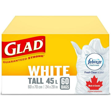 Glad White Garbage Bags - Tall 45 Litres - Febreze Fresh Clean Scent, 60 Trash Bags, 60 Bags