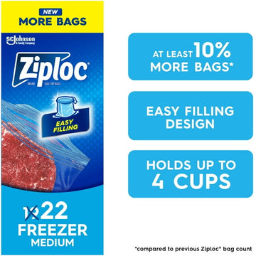 Ziploc® Freezer Bags with Stay Open Technology, Medium, 19 Bags