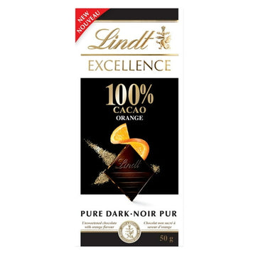 Lindt EXCELLENCE 100% Cacao Orange Dark Chocolate Bar, 50 Grams, 50g