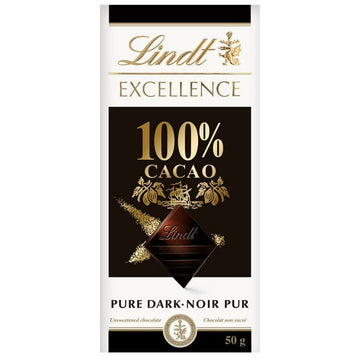 Lindt EXCELLENCE 100% Cacao Dark Chocolate Bar, 50 Grams, Contains 100% cacao