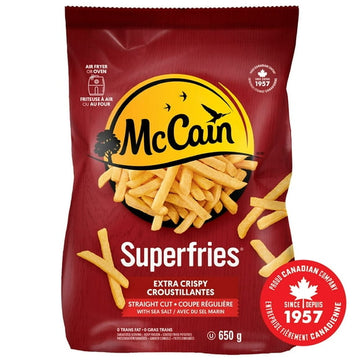 McCain® Superfries® Extra Crispy Straight Cut Fries, Made in Canada from domestic and imported ingredients, 650g