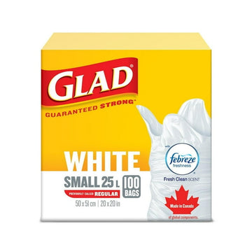 Glad White Garbage Bags - Small 25 Litres - Febreze Fresh Clean Scent,, 100 Trash Bags