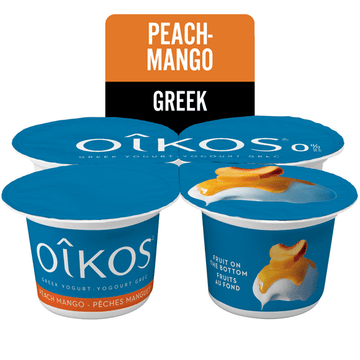 Oikos Greek Yogurt, Peach-Mango, Fruit on the Bottom, 0% M.F., 4 x 100 g