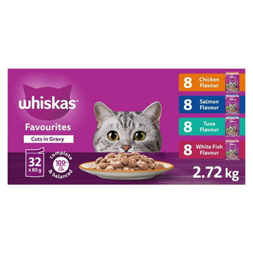 WHISKAS FAVOURITES Adult Wet Cat Food Cuts in Gravy Chicken Flavour, Salmon Flavour, Tuna Flavour, and White Fish Flavour Pouch Variety Pack