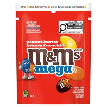 M&M'S, Peanut Butter Mega Milk Chocolate Candies, Sharing Bag, 155g, M&M'S PB MEGA SUP