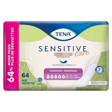 TENA SENSITIVE CARE EXTRA COVERAGE MAXIMUM PAD 64 COUNT, Heavy, fast dry protection