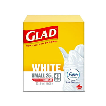 Glad White Garbage Bags - Small 25 Litres - Febreze Fresh Clean Scent, 48 Trash Bags, Ready and prepared to handle all your garbage. With Febreze Fresh Clean Scent this bag suppresses the worst trash odours. GLAD. Guaranteed Strong.