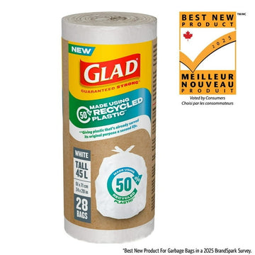 Glad White Garbage Bags - Tall 45 Litres - Made using 50% Recycled Plastic, 28 Trash Bags, 50% recycled plastic bags