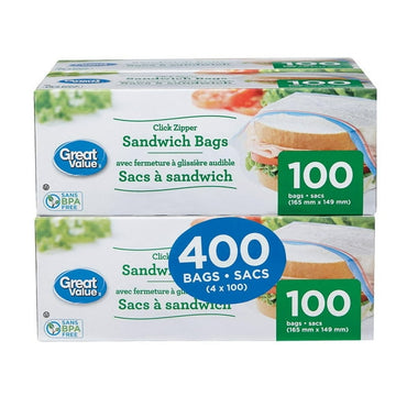 Great Value Click Zipper Sandwich Bags, 400 bags 4 x 100, 165mm x 149mm