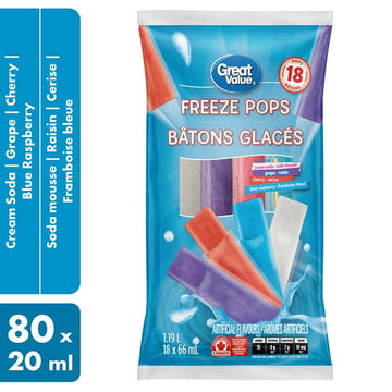 Great Value Freeze Pops - Cream Soda, Grape, Cherry, Blue Raspberry - 18 x 66 ml, 18 x 66 ml