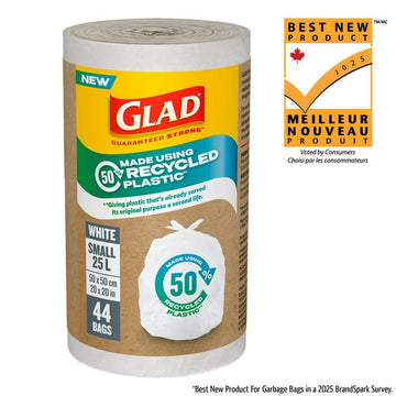 Glad White Garbage Bags - Small 25 Litres - Made using 50% Recycled Plastic, 44 Trash Bags, 50% recycled plastic bags