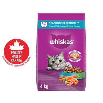 WHISKAS Adult Dry Cat Food Seafood Selections, Natural Salmon & Shrimp Flavour, 2 - 9.1kg