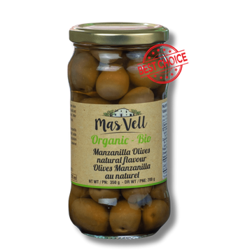 Mas Vell organic whole green manzanilla olives, 370 mL