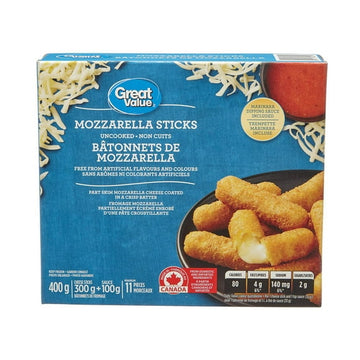 Great Value Frozen Mozzarella Sticks with Marinara Dipping Sauce Appetizers, 11 Pieces, 400g