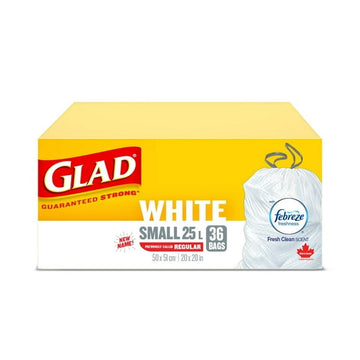 Glad White Garbage Bags - Small 25 Litres - ForceFlex Drawstring, Febreze Fresh Clean Scent,, 36 Bags