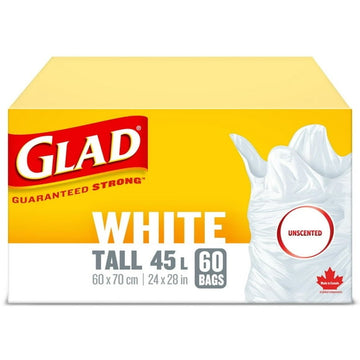 Glad White Garbage Bags - Tall 45 Litres -, Unscented, 60 Trash Bags