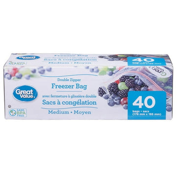 Great Value Medium Double Zipper Freezer Bags, 40 Bags, 40 Bags, 178 mm x 195 mm
