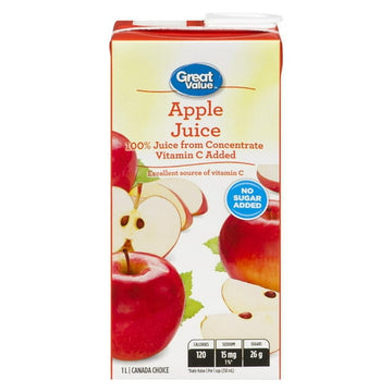 Great Value 100% Pure Apple Juice from Concentrate, 1L
