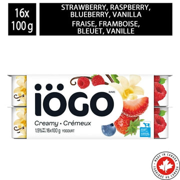 iÖGO Strawberry, Raspberry, Blueberry, Vanilla Yogurt Cups 1.5%, 16x100g