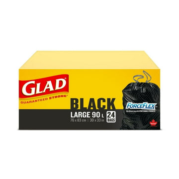Glad Black Garbage Bags - Large 90 Litres - ForceFlex,, Drawstring, 24 Trash Bags