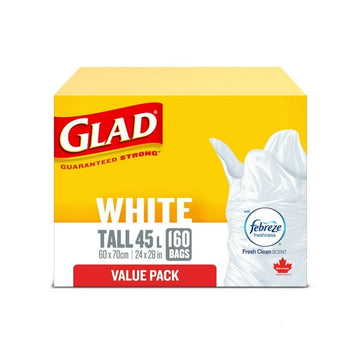 Glad White Garbage Bags - Tall 45 Litres - Febreze Fresh Clean Scent,, 160 Trash Bags, Value Pack