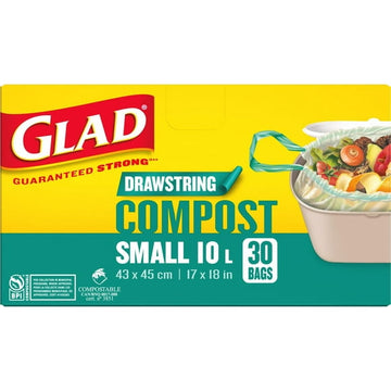 Glad Certified Compostable Drawstring Bags - Small 10 Litres - Drawstring, 30 Compost Trash Bags -, Unscented