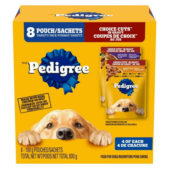 Pedigree Adult Wet Dog Food Choice Cuts in Gravy Beef, Noodles & Vegetable and Grilled Chicken Flavour Pouch Variety Pack, 8x100g