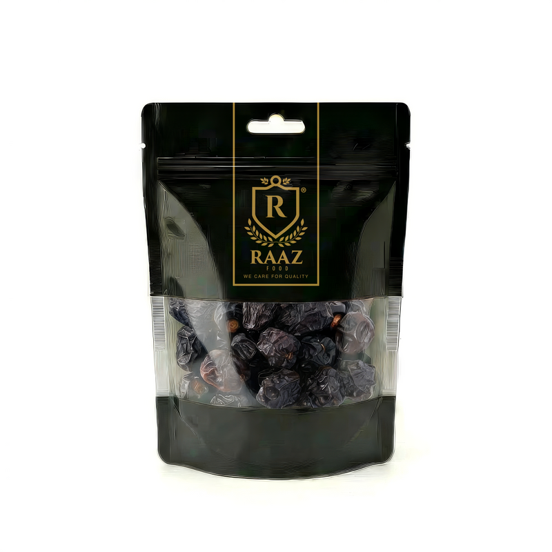 Black packaging of RAAZ with dried fruits inside on a white background
