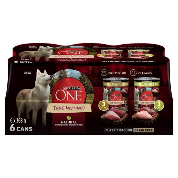 Purina ONE True Instinct Classic Ground Variety Pack Turkey, Venison, Chicken & Duck, Wet Dog Food, 6 x 368 g