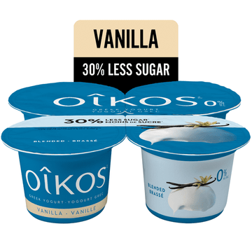 Oikos Greek Yogurt, Vanilla, Blended, 30% Less Sugar, 4 x 100 g