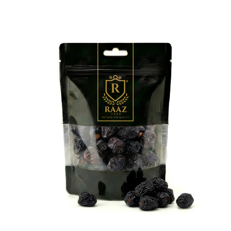 Black packaging of RAAZ with dried fruits on a white background