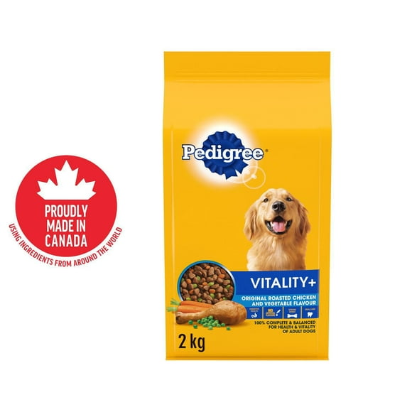 PEDIGREE VITALITY+ Dry Food For Adult Dogs – Roasted Chicken & Vegetable Flavour - Supports Strong Bones and Healthy Teeth – With Calcium, 2kg Bag