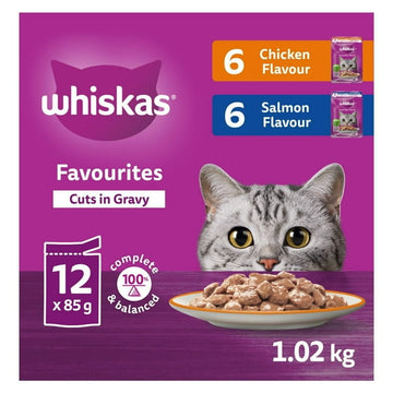 WHISKAS FAVOURITES Adult Wet Cat Food Cuts in Gravy Chicken Flavour and Salmon Flavour Pouch Variety Pack, 12x85g