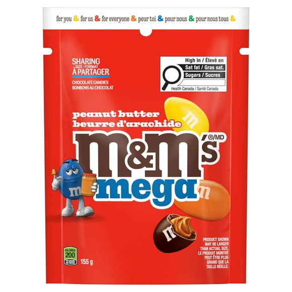 M&M'S, Peanut Butter Mega Milk Chocolate Candies, Sharing Bag, 155g, M&M'S PB MEGA SUP