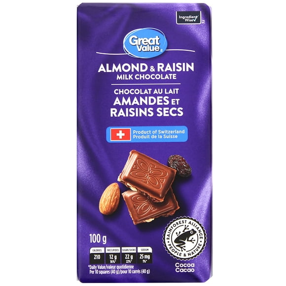 Great Value Almond & Raisin Milk Chocolate, 100 g