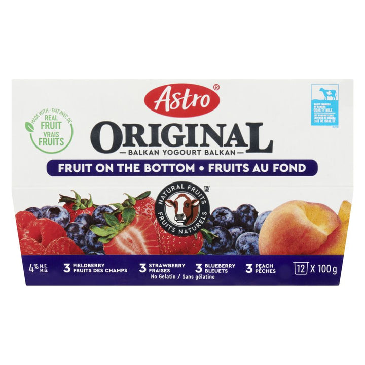 Astro Original Fruit on the Bottom Yogurt Peach, Strawberry, Blueberry, Fieldberry 4%, 12x100g