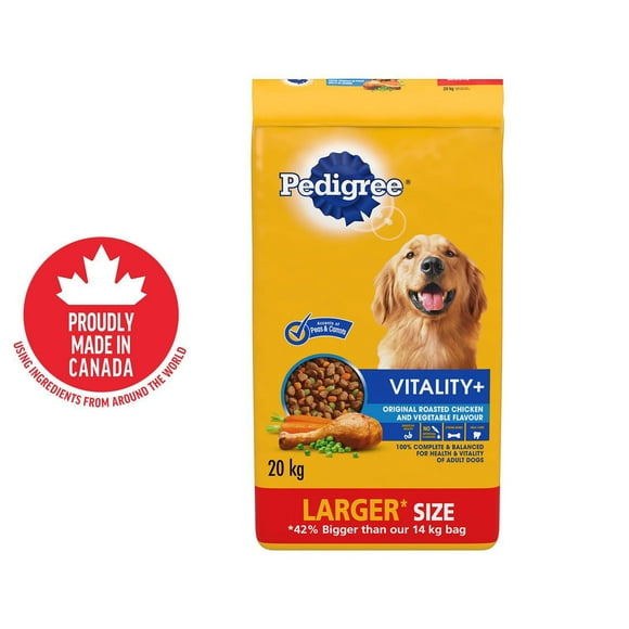 PEDIGREE VITALITY+ Dry Food For Adult Dogs – Roasted Chicken & Vegetable Flavour - Supports Strong Bones and Healthy Teeth – With Calcium, 8kg-20kg