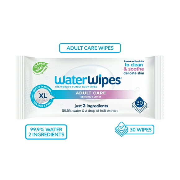 WaterWipes Adult Care, 99.9% Water Based Sensitive Wipes, 1 Resealable Pack (30 Wipes), 30 Count (1 Pack)