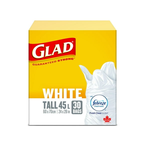 Glad White Garbage Bags - Tall 45 Litres - Febreze Fresh Clean Scent,, 30 Trash Bags