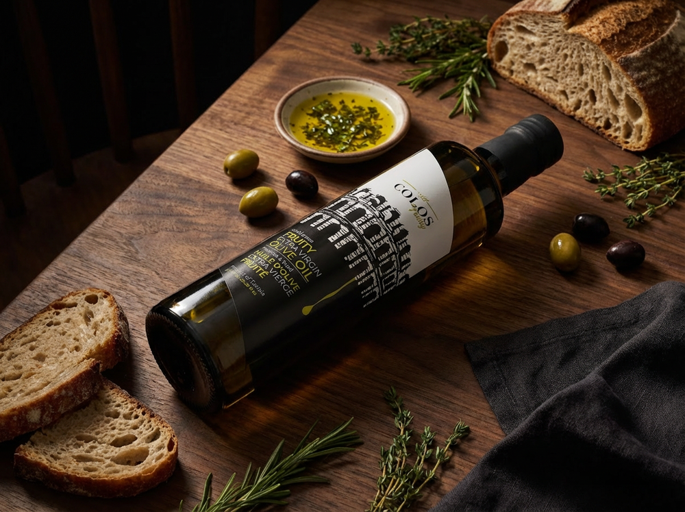 Bottle of olive oil with bread and herbs on a wooden surface