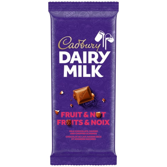 CADBURY DAIRY MILK, Fruit & Nut Chocolate Bar, CADBURY DAIRY MILK Milk Chocolate with Raisins and Chopped Almonds, 180 g, CADBURY DAIRY MILK FRUIT &NUT 180G 12