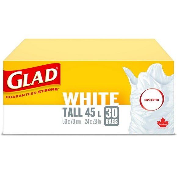 Glad White Garbage Bags - Tall 45 Litres -, Unscented, 30 Trash Bags