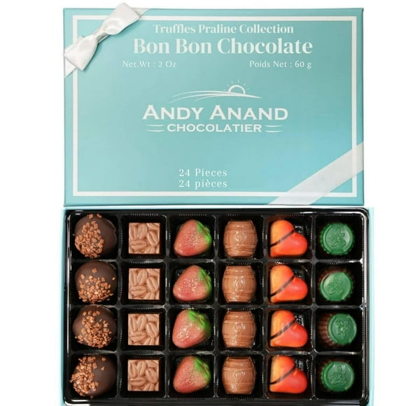 Andy Anand Chocolates 24 Piece Premium Bon Bon Chocolate Collection Assortment, Truffles Gift Box – Exotic flavors, Pistachio Cream, Mint, Tiramisu and More