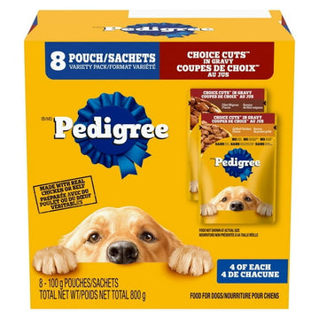 Pedigree Adult Wet Dog Food Choice Cuts in Gravy Filet Mignon and Grilled Chicken Flavour Pouch Variety Pack, 8x100g