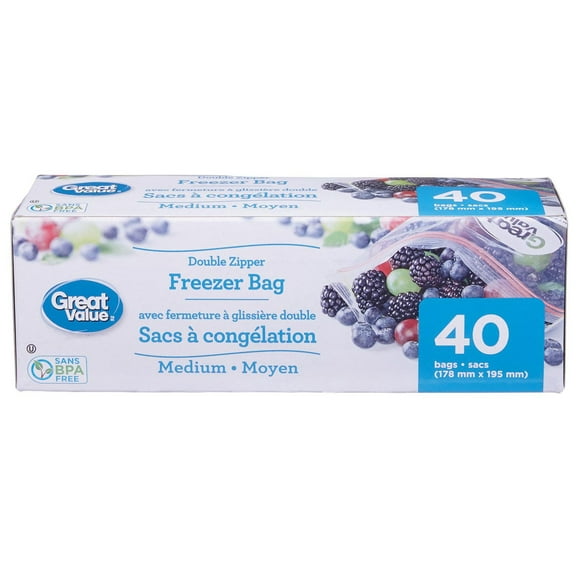Great Value Medium Double Zipper Freezer Bags, 40 Bags, 40 Bags, 178 mm x 195 mm