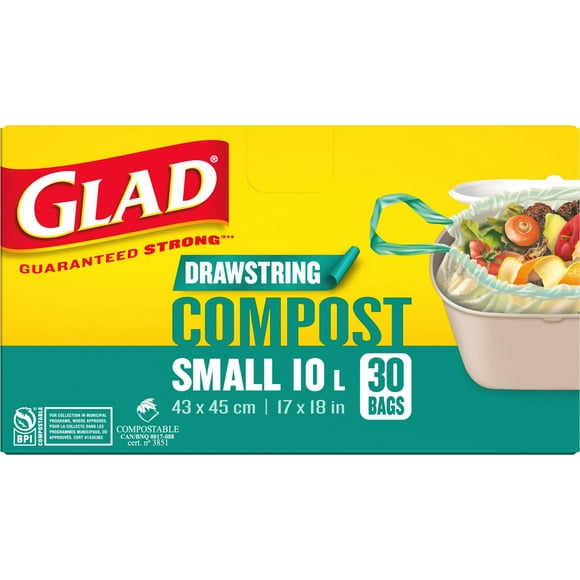 Glad Certified Compostable Drawstring Bags - Small 10 Litres - Drawstring, 30 Compost Trash Bags -, Unscented