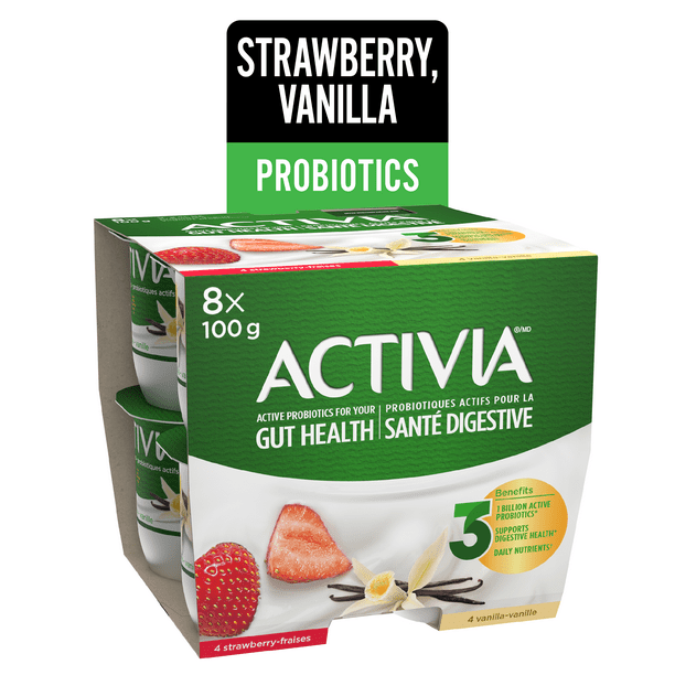 Activia Probiotic Yogurt, Strawberry/ vanilla, 8 x 100 g
